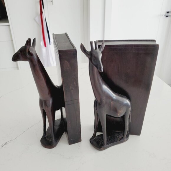 Ebony African Hand Carved Giraffe Bookends Vintage 1970 Rare Traditional Tribal - Picture 2 of 8